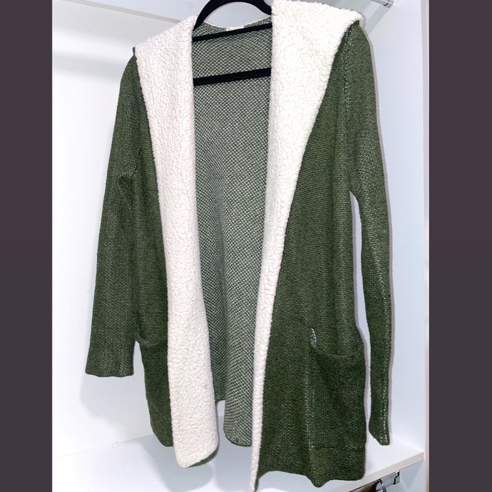 Green Fall Sweater ~ knit and fuzzy with hood